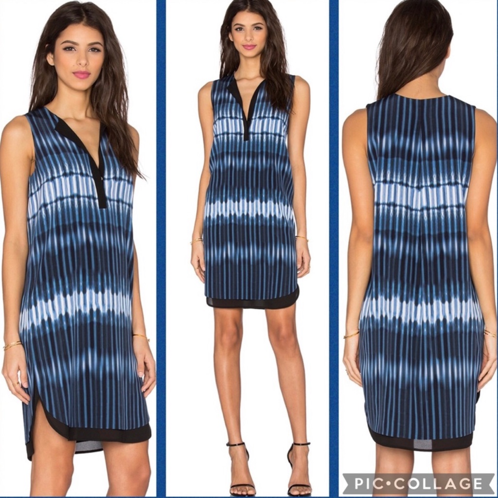 Vince Monaco Starlight Blue Printed Silk Tie Dye Double Layer Dress Women's Xs
